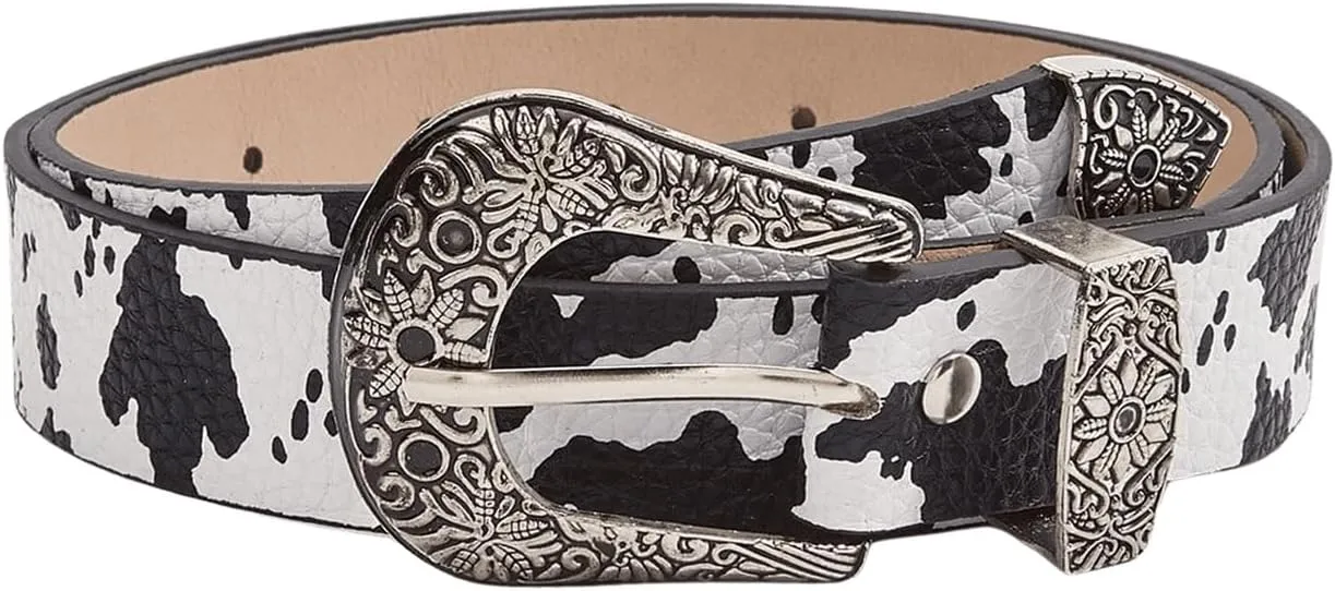 Women's Buckle Belt Cow Print Western Leather Belt Cowgirl Waist Belts