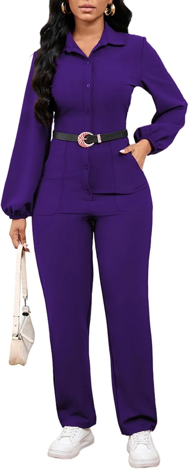 Women's Casual One Piece Jumpsuit Bodycon Long Sleeve Button Up Long Straight Pants Romper with Pocket