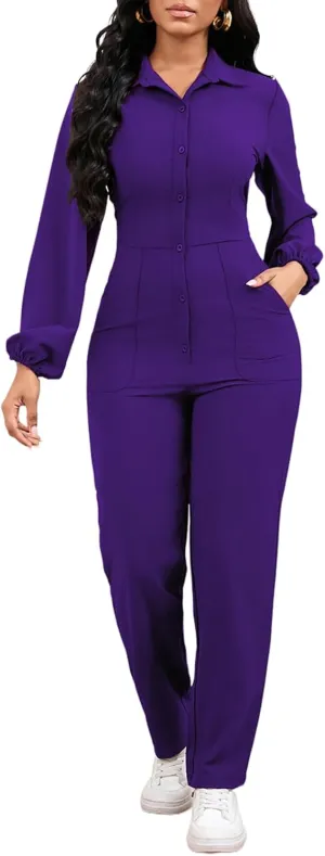 Women's Casual One Piece Jumpsuit Bodycon Long Sleeve Button Up Long Straight Pants Romper with Pocket