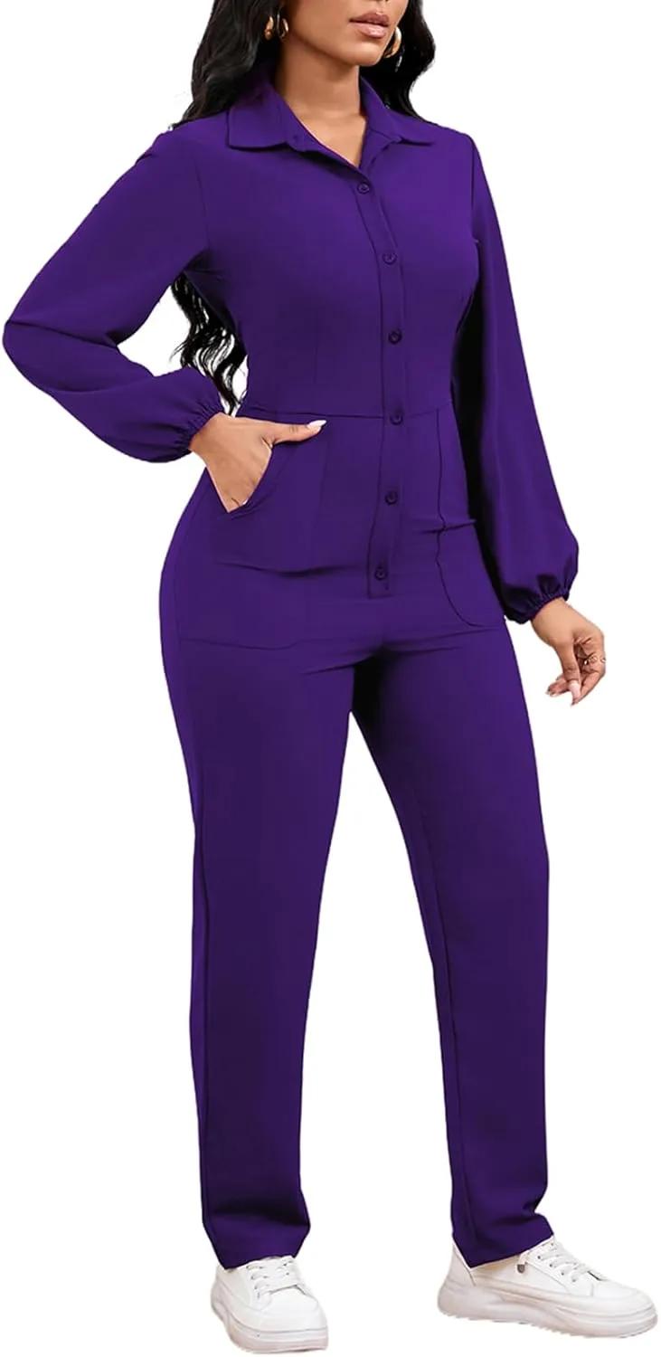 Women's Casual One Piece Jumpsuit Bodycon Long Sleeve Button Up Long Straight Pants Romper with Pocket