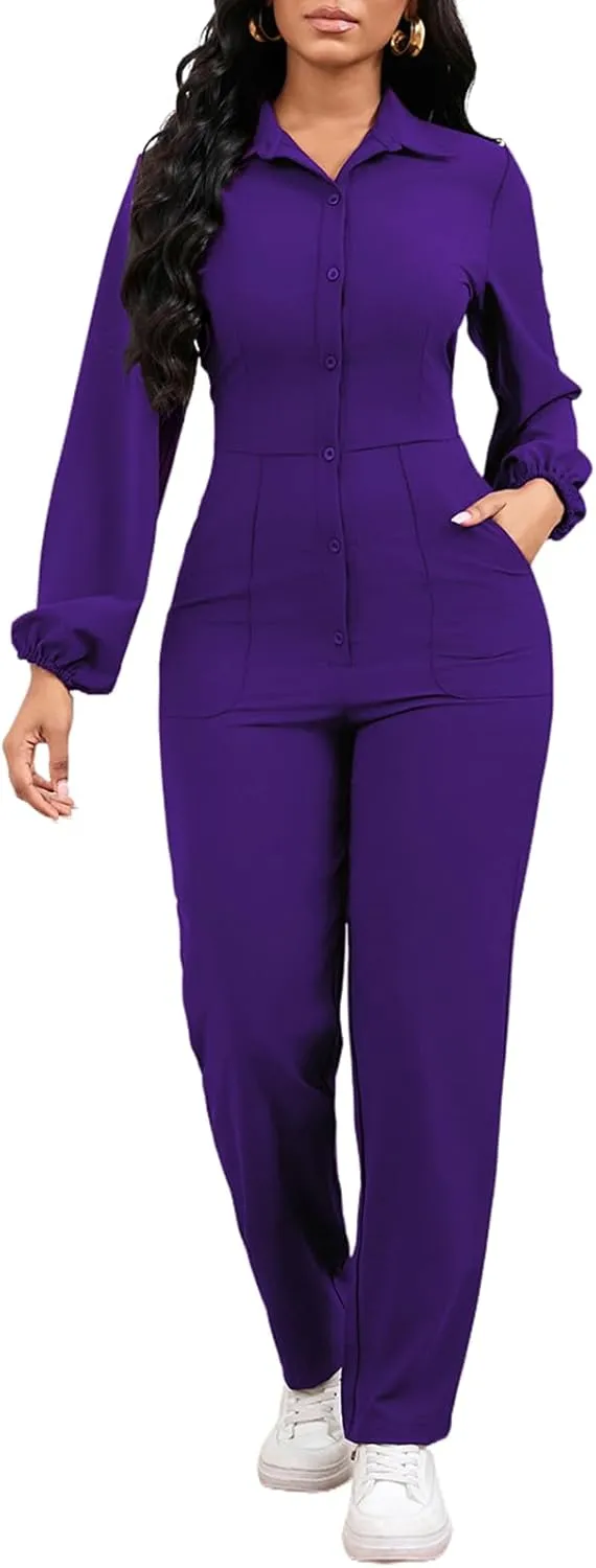 Women's Casual One Piece Jumpsuit Bodycon Long Sleeve Button Up Long Straight Pants Romper with Pocket