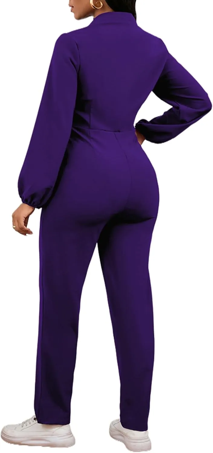Women's Casual One Piece Jumpsuit Bodycon Long Sleeve Button Up Long Straight Pants Romper with Pocket