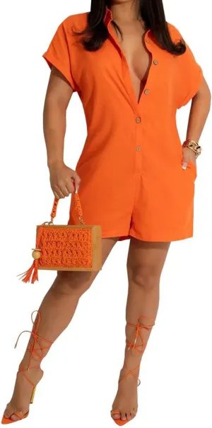 Women's Casual Summer Button Down Shirts Rompers Loose Stand Collar Club Party Short Jumpsuits with Pockets