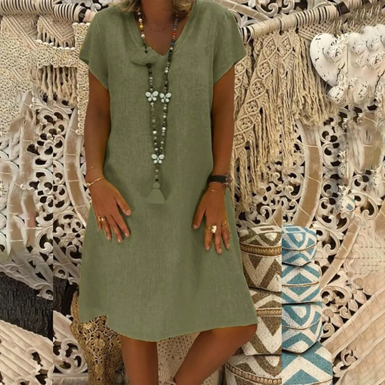 Women's Cotton Linen Dresses Summer Cup Sleeve V Neck Comfy Travel Sundresses Beach Trendy Spring Vacation Clothes 2025
