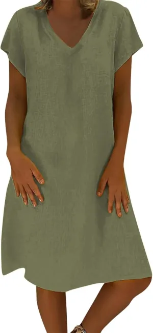 Women's Cotton Linen Dresses Summer Cup Sleeve V Neck Comfy Travel Sundresses Beach Trendy Spring Vacation Clothes 2025