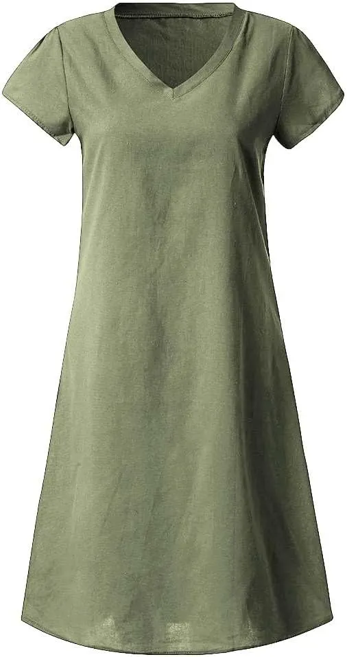 Women's Cotton Linen Dresses Summer Cup Sleeve V Neck Comfy Travel Sundresses Beach Trendy Spring Vacation Clothes 2025