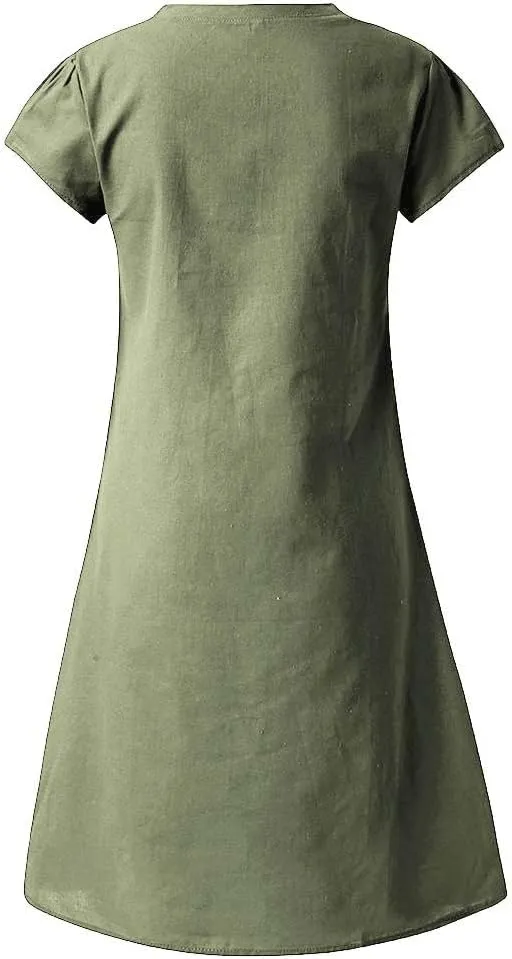 Women's Cotton Linen Dresses Summer Cup Sleeve V Neck Comfy Travel Sundresses Beach Trendy Spring Vacation Clothes 2025