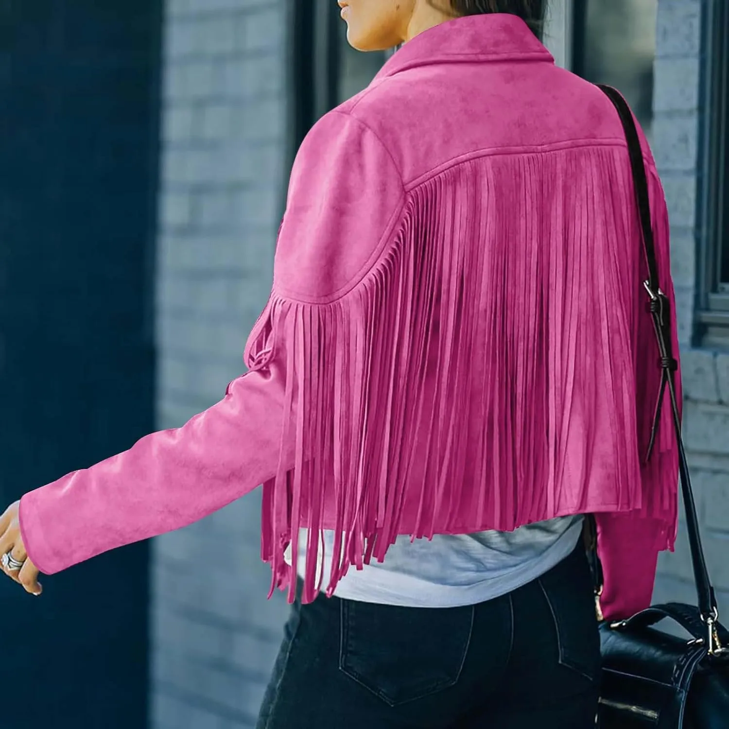 Womens Fringe Faux Suede Leather Jackets Fashion Tassel Motorcycle Cropped Coats Hippie Boyfriend Outwear Moto Coat