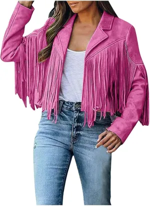 Womens Fringe Faux Suede Leather Jackets Fashion Tassel Motorcycle Cropped Coats Hippie Boyfriend Outwear Moto Coat