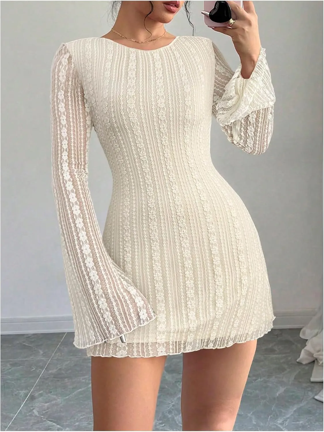 Women's Lace Open Back Mini Dress Long Bell Sleeve Backless Short Dresses