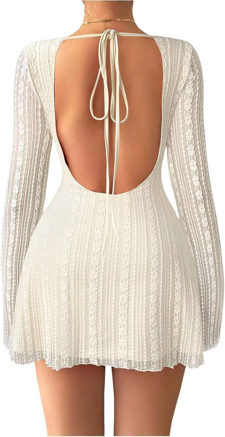Women's Lace Open Back Mini Dress Long Bell Sleeve Backless Short Dresses