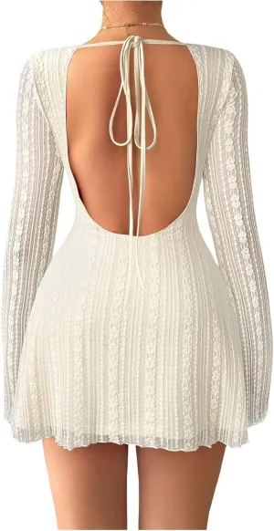 Women's Lace Open Back Mini Dress Long Bell Sleeve Backless Short Dresses