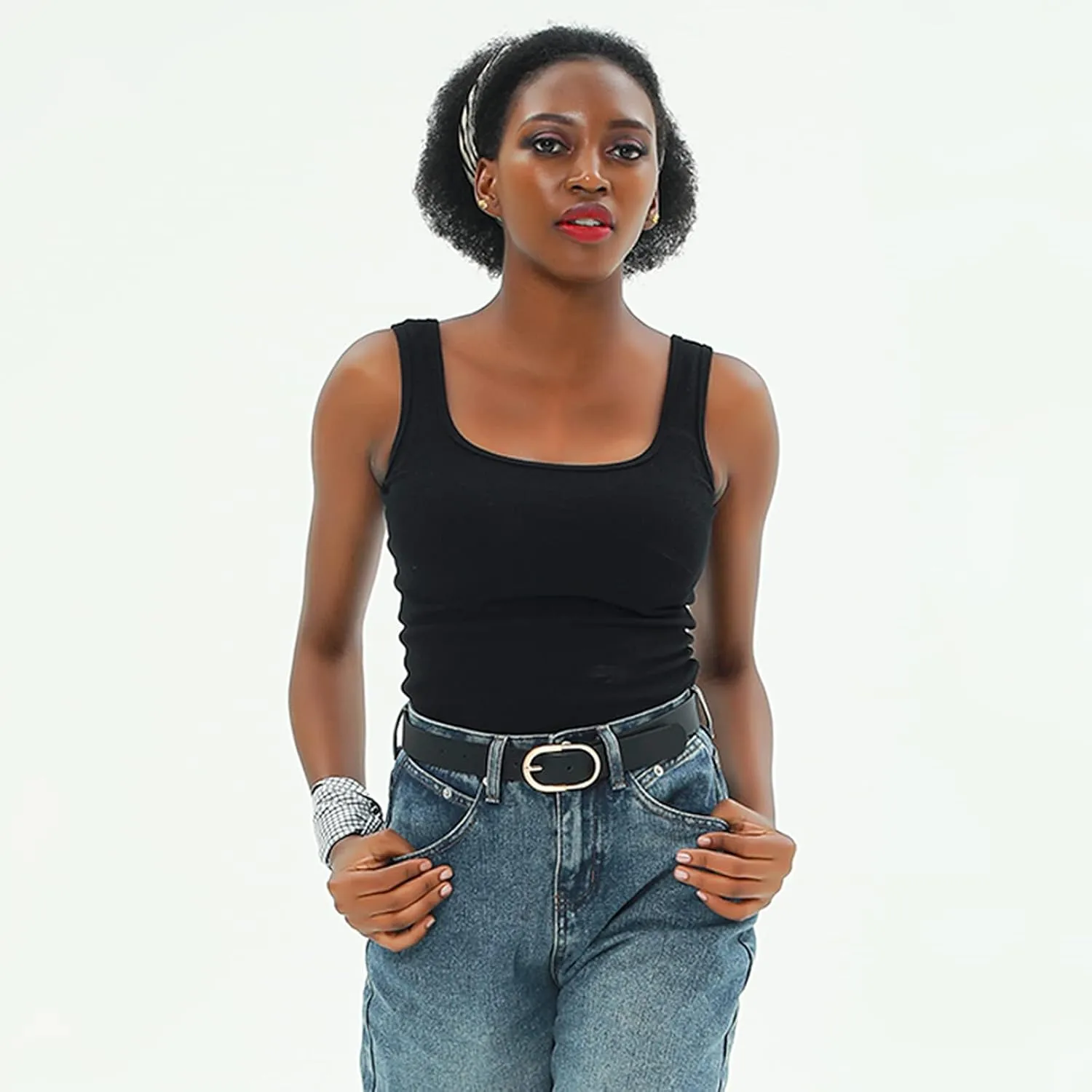 Womens Leather Waist Belts for Jeans Pants with Gold Buckle
