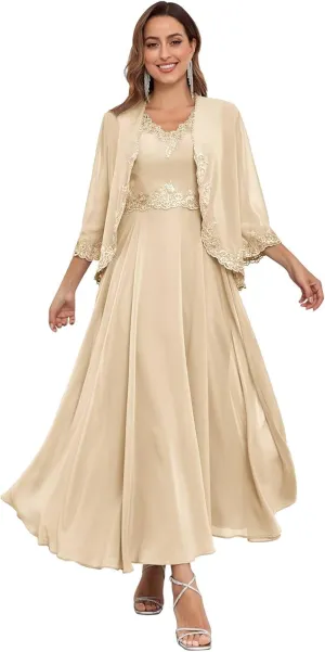 Women's Mother of The Bride Dresses for Wedding with Jackets 2 Piece Formal Evening Gown