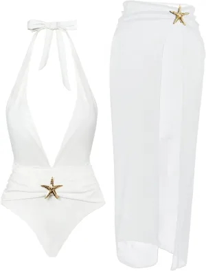 Womens One Piece Swimsuits with Cover Up Halter Backless Summer Beach Vacation Party Sexy V Neck Starfish Bathing Suit