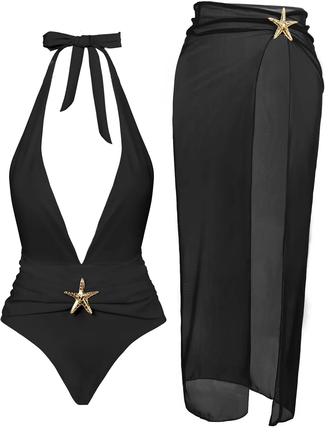 Womens One Piece Swimsuits with Cover Up Halter Backless Summer Beach Vacation Party Sexy V Neck Starfish Bathing Suit