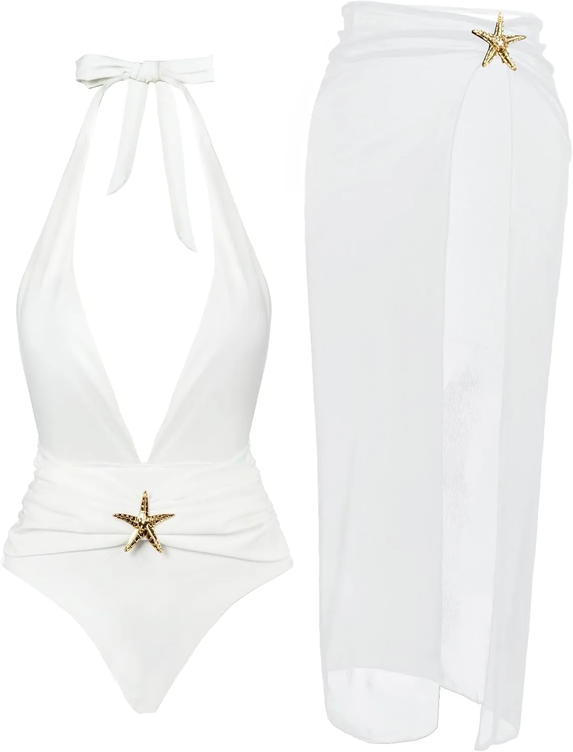 Womens One Piece Swimsuits with Cover Up Halter Backless Summer Beach Vacation Party Sexy V Neck Starfish Bathing Suit