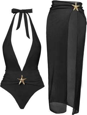 Womens One Piece Swimsuits with Cover Up Halter Backless Summer Beach Vacation Party Sexy V Neck Starfish Bathing Suit