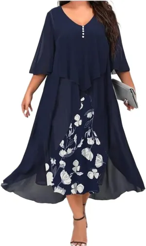 Women's Plus Size Floral Chiffon Midi Dress Flared Sleeves Patchwork Layered Ruffles Wedding Guest Dress with Buttons