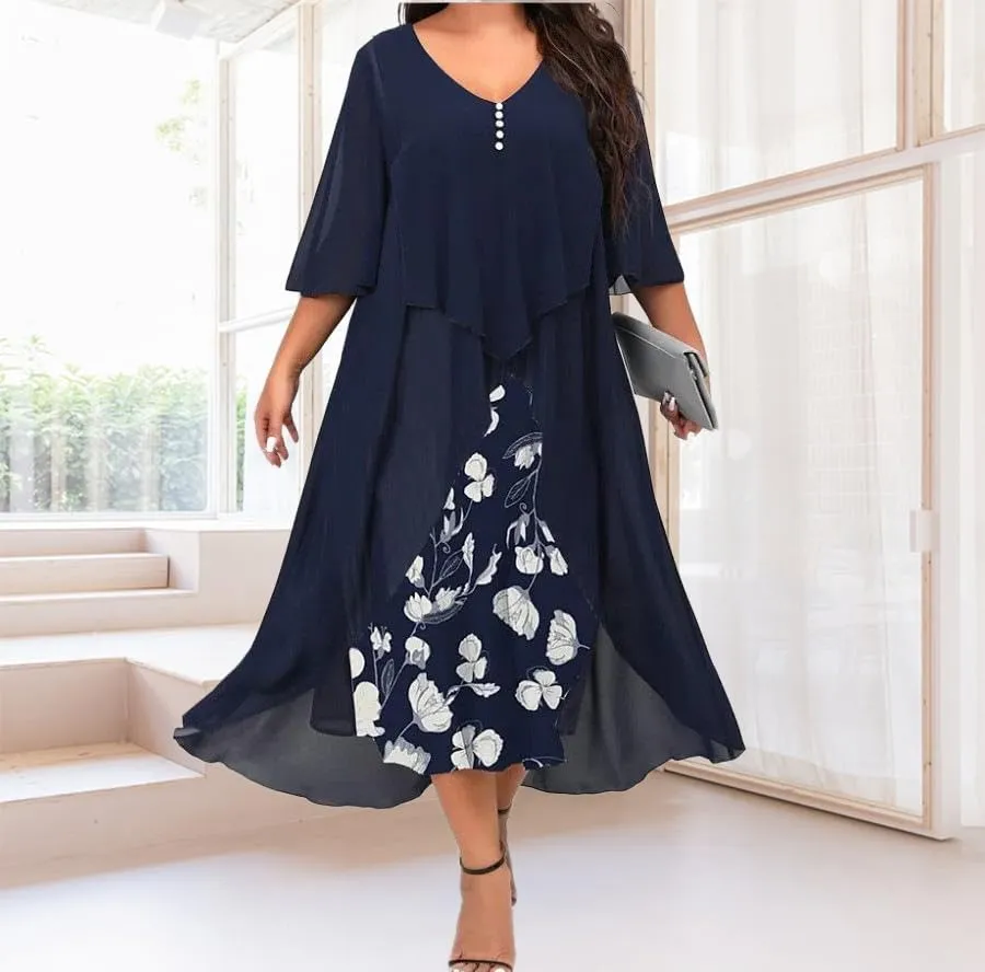 Women's Plus Size Floral Chiffon Midi Dress Flared Sleeves Patchwork Layered Ruffles Wedding Guest Dress with Buttons
