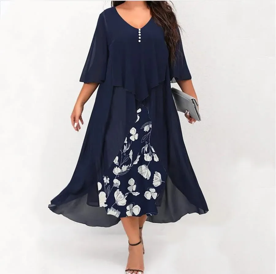 Women's Plus Size Floral Chiffon Midi Dress Flared Sleeves Patchwork Layered Ruffles Wedding Guest Dress with Buttons