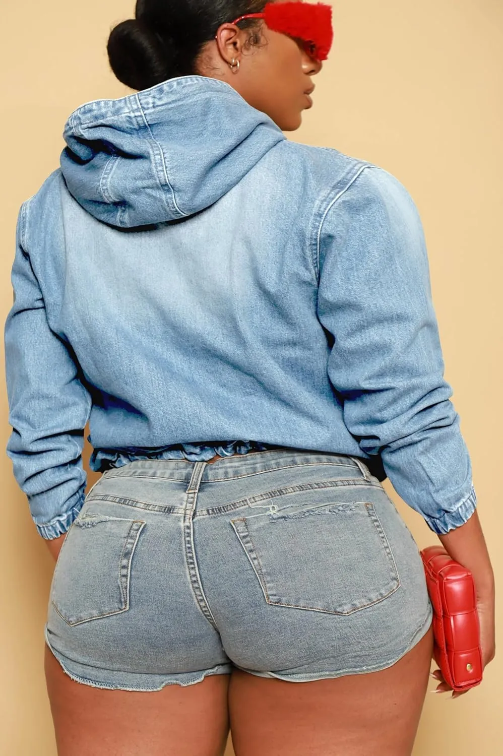 Women's Plus Size Half Zip Denim Hoodie Sweatshirt Pullover Jacket Jean Tops with Pockets