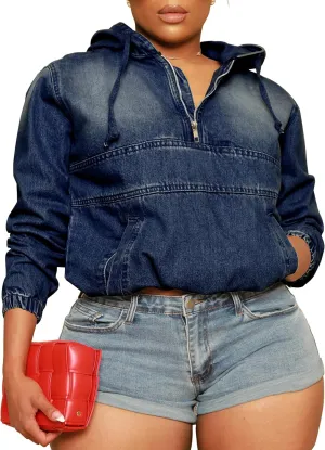 Women's Plus Size Half Zip Denim Hoodie Sweatshirt Pullover Jacket Jean Tops with Pockets