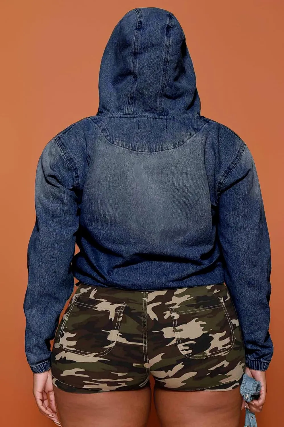 Women's Plus Size Half Zip Denim Hoodie Sweatshirt Pullover Jacket Jean Tops with Pockets