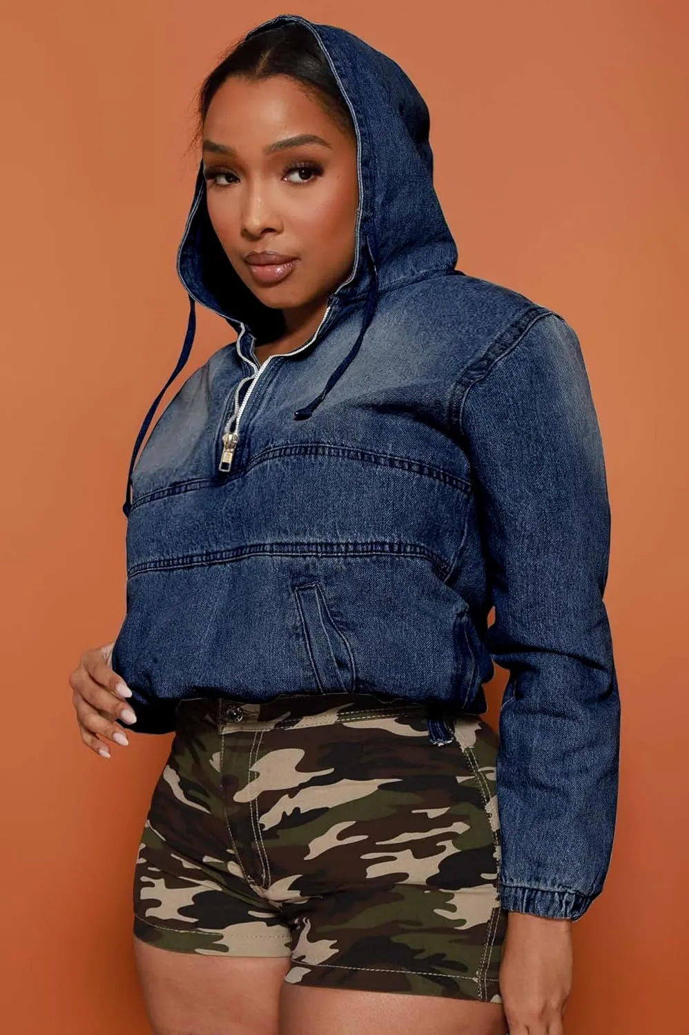 Women's Plus Size Half Zip Denim Hoodie Sweatshirt Pullover Jacket Jean Tops with Pockets