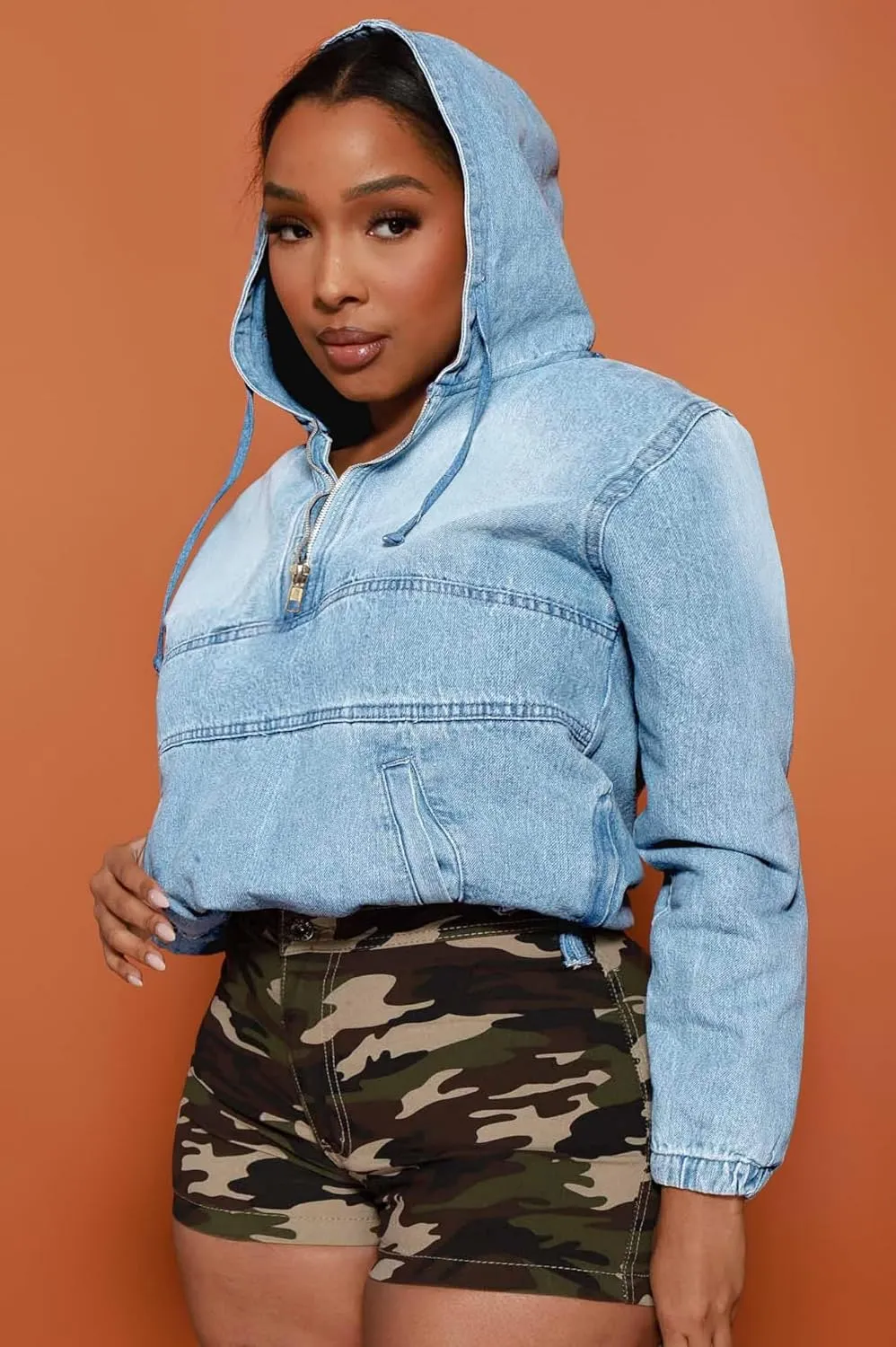 Women's Plus Size Half Zip Denim Hoodie Sweatshirt Pullover Jacket Jean Tops with Pockets