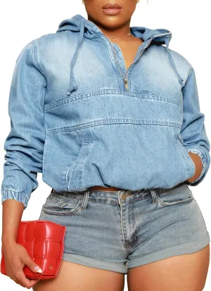 Women's Plus Size Half Zip Denim Hoodie Sweatshirt Pullover Jacket Jean Tops with Pockets