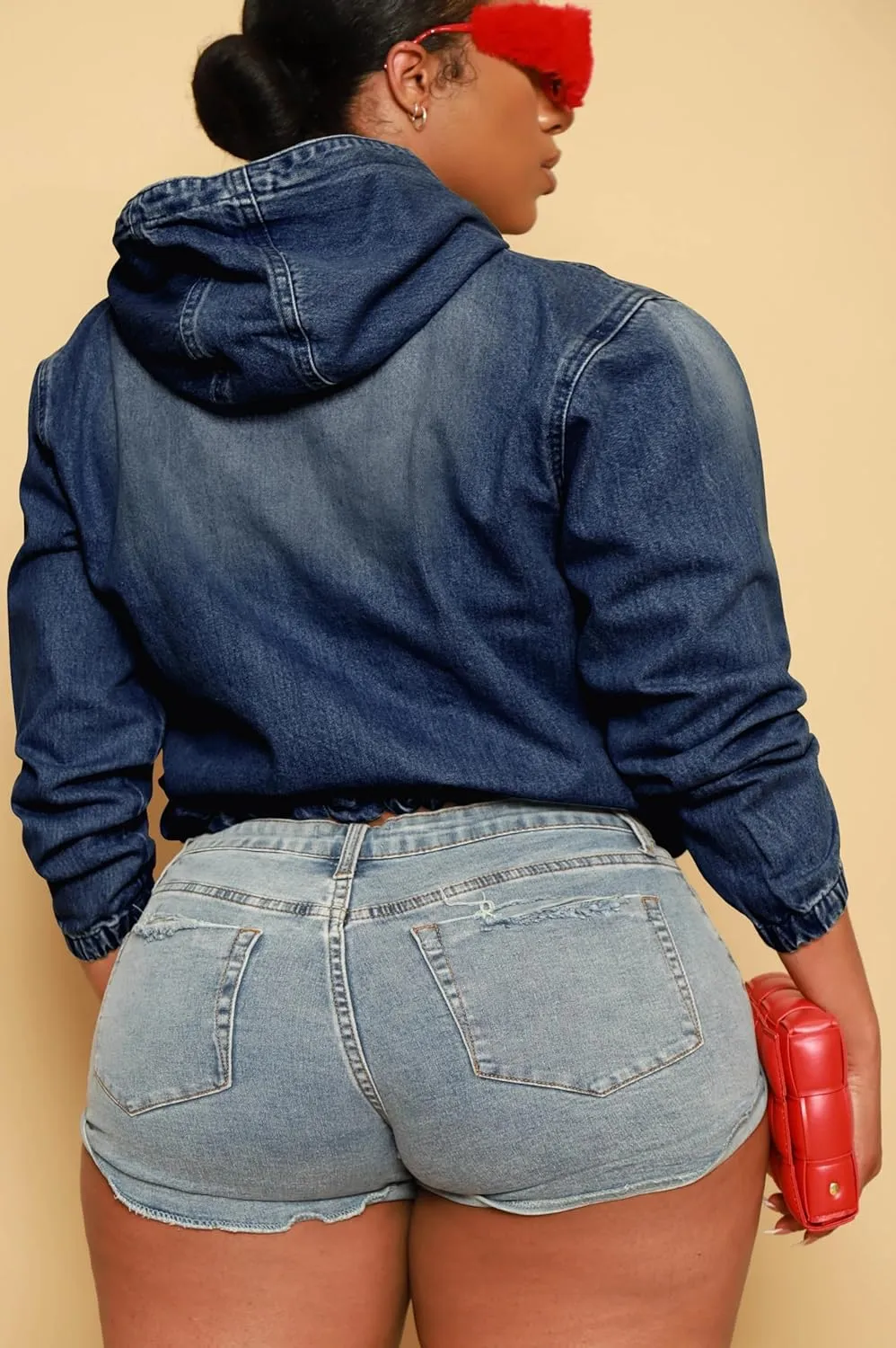 Women's Plus Size Half Zip Denim Hoodie Sweatshirt Pullover Jacket Jean Tops with Pockets