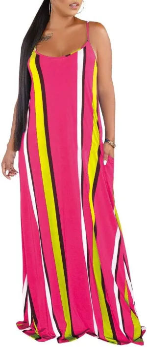 Womens Plus-Size Summer Bohemian Beach Sundress Spaghetti Strap Loose Long Maxi Dresses with Pockets