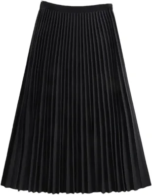 Women's Solid Vintage Pleated Skirt Elastic High Waist A-LINE Office Work Midi Long Skirt