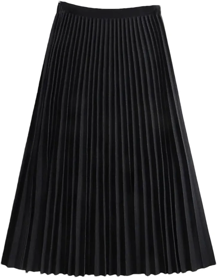 Women's Solid Vintage Pleated Skirt Elastic High Waist A-LINE Office Work Midi Long Skirt