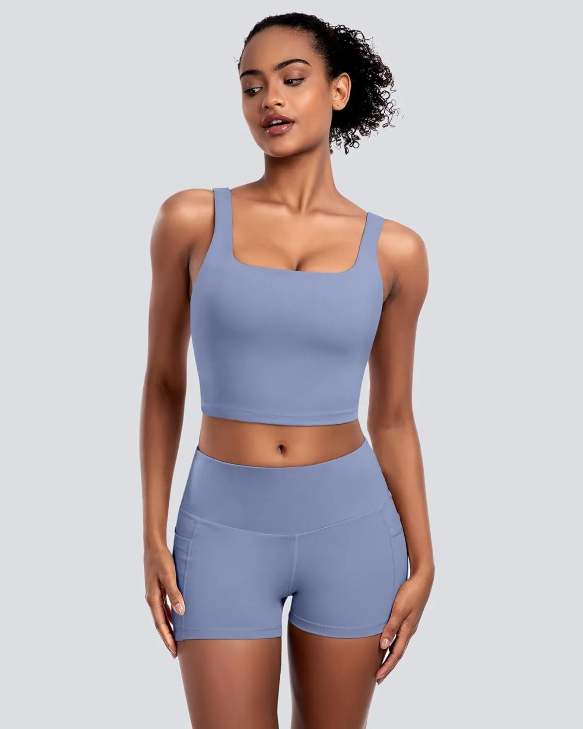 Womens Sports Bras 5 Packs - Square Neck Longline Workout Crop Tank Tops Padded Yoga Camisole with Built in Pads