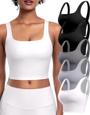 Womens Sports Bras 5 Packs - Square Neck Longline Workout Crop Tank Tops Padded Yoga Camisole with Built in Pads