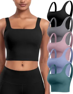 Womens Sports Bras 5 Packs - Square Neck Longline Workout Crop Tank Tops Padded Yoga Camisole with Built in Pads