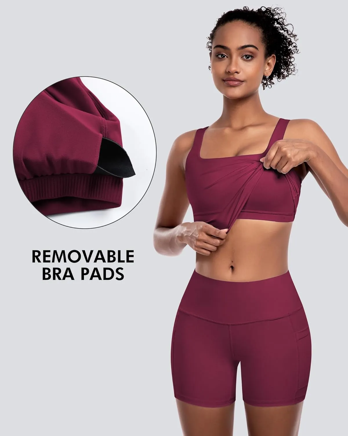 Womens Sports Bras 5 Packs - Square Neck Longline Workout Crop Tank Tops Padded Yoga Camisole with Built in Pads