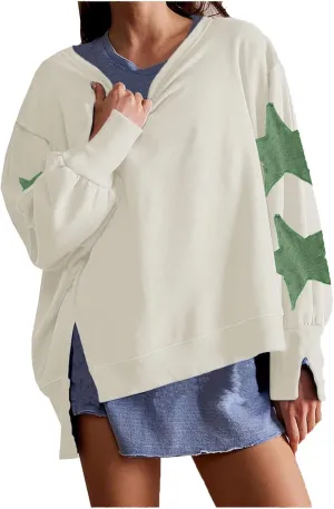 Womens Star Sweatshirt Oversized, Long Sleeve Shirts Asymmetrical Side Slit Pullover Crewneck Sweatshirts Y2k Tops 2024