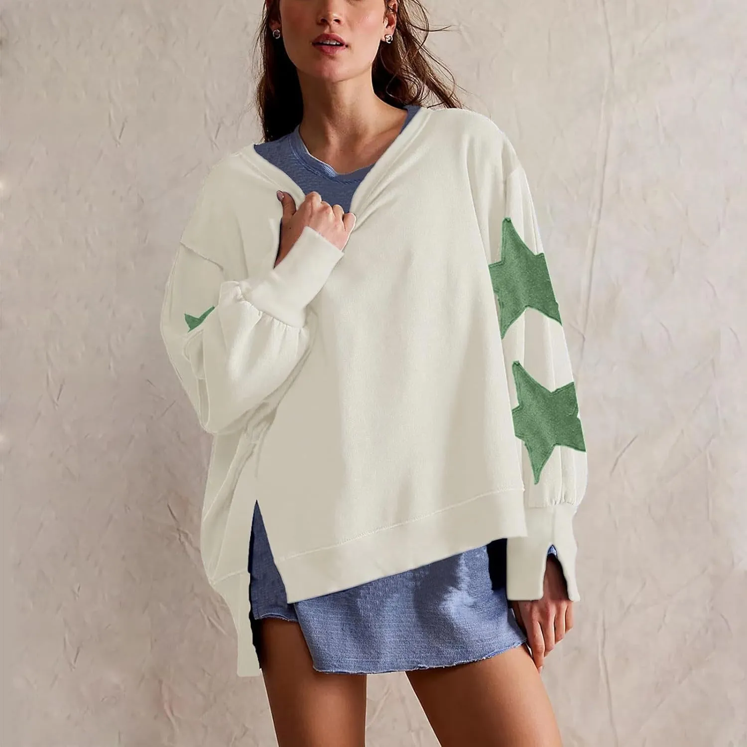 Womens Star Sweatshirt Oversized, Long Sleeve Shirts Asymmetrical Side Slit Pullover Crewneck Sweatshirts Y2k Tops 2024