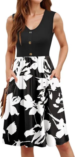 Womens Summer Casual Button Down Mini Dress Floral Beach Sundresses V Neck Flowy A Line Color Block Pocket Tank Dress