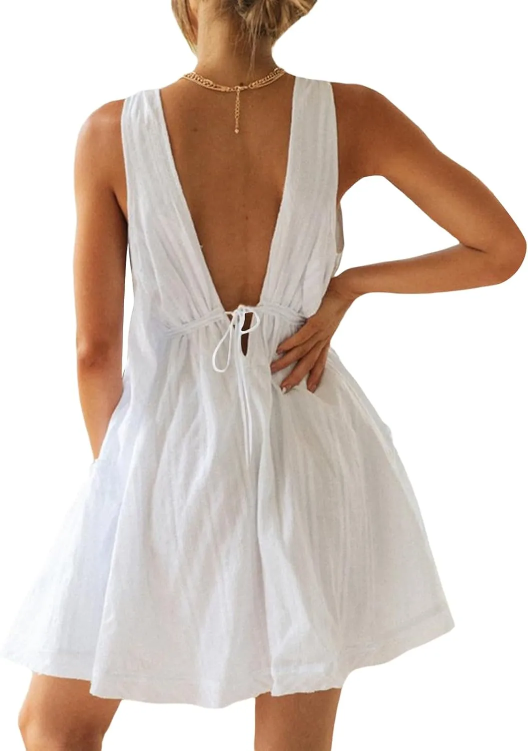 Womens Summer Deep V Neck Flowy Mini Dress Sleeveless Backless A-Line Short Dress Beach Vacation Sundress