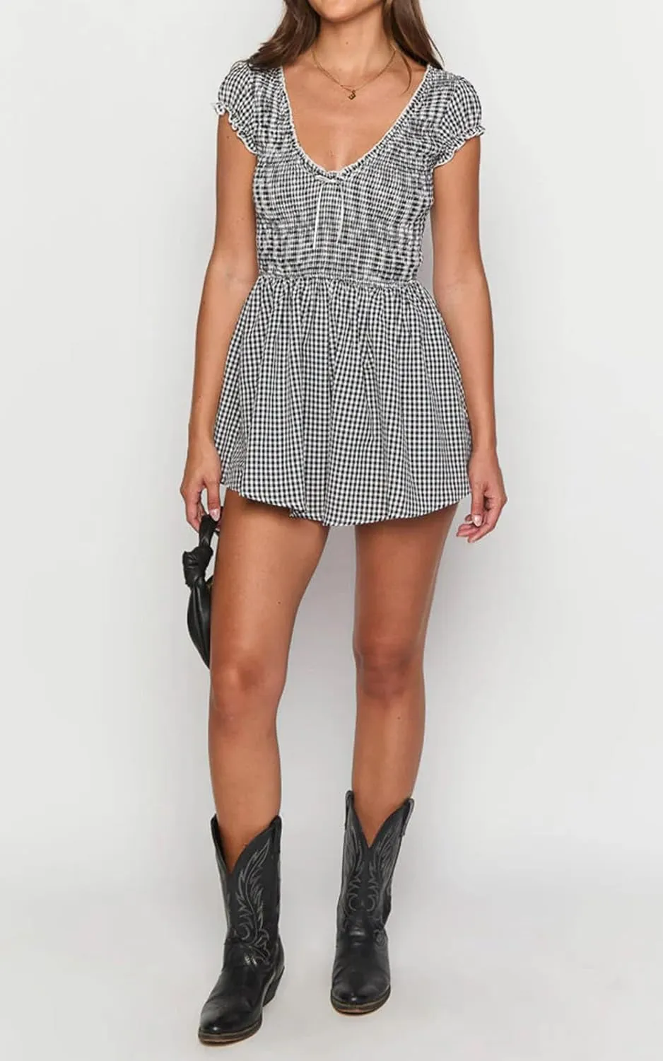 Womens Summer Gingham Rompers V Neck Puff Sleeve Smocked Wide Leg Plaid Shorts Dressy Jumpsuits