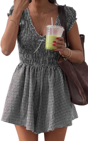 Womens Summer Gingham Rompers V Neck Puff Sleeve Smocked Wide Leg Plaid Shorts Dressy Jumpsuits