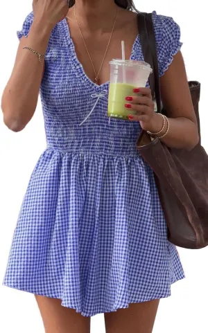 Womens Summer Gingham Rompers V Neck Puff Sleeve Smocked Wide Leg Plaid Shorts Dressy Jumpsuits