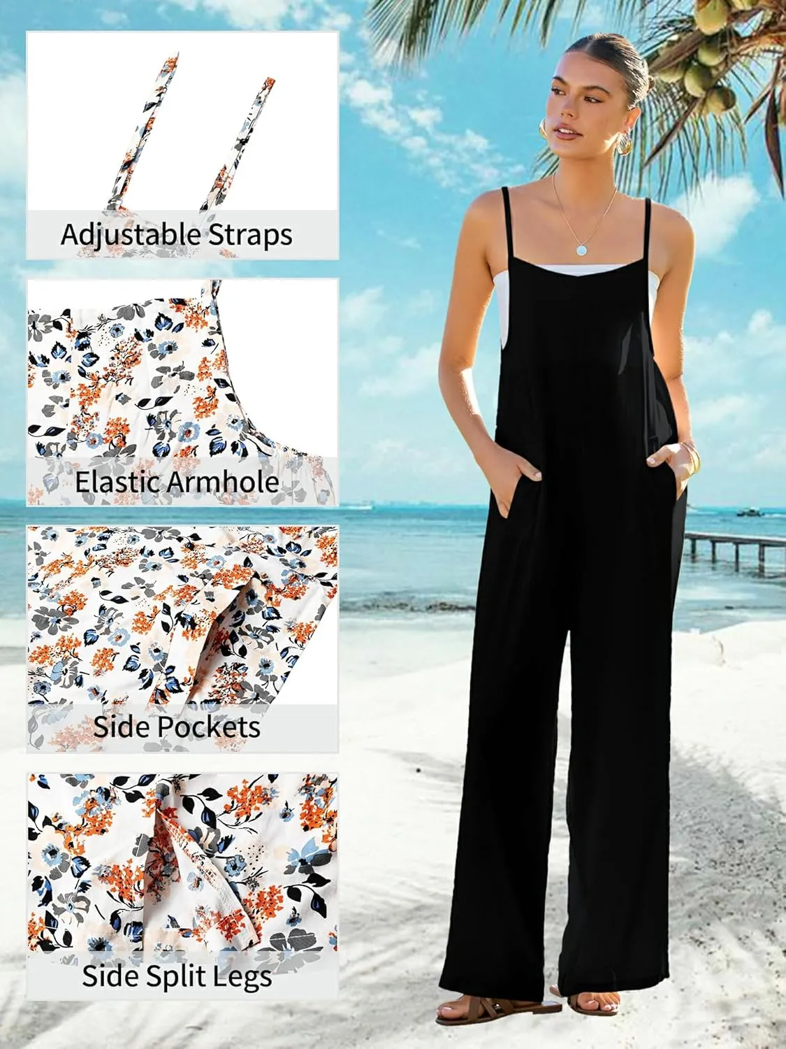 Women's Summer Jumpsuits Boho Wide Leg Overalls Casual Floral Print Rompers Beach Outfits with Pockets