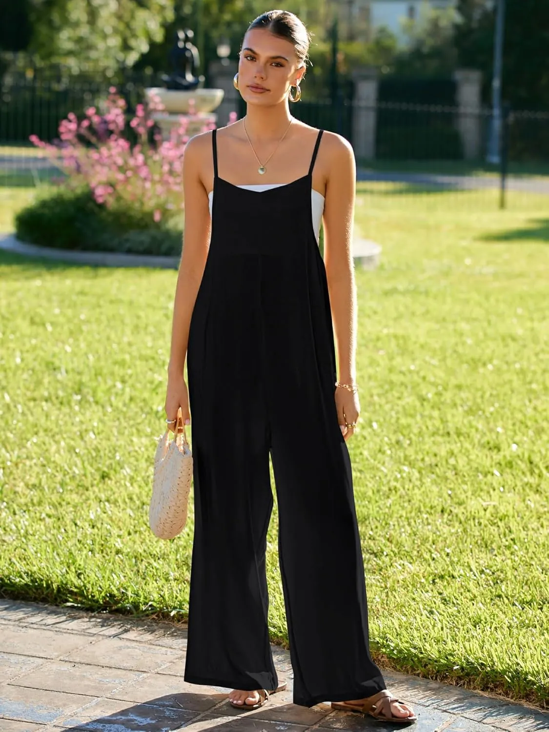 Women's Summer Jumpsuits Boho Wide Leg Overalls Casual Floral Print Rompers Beach Outfits with Pockets
