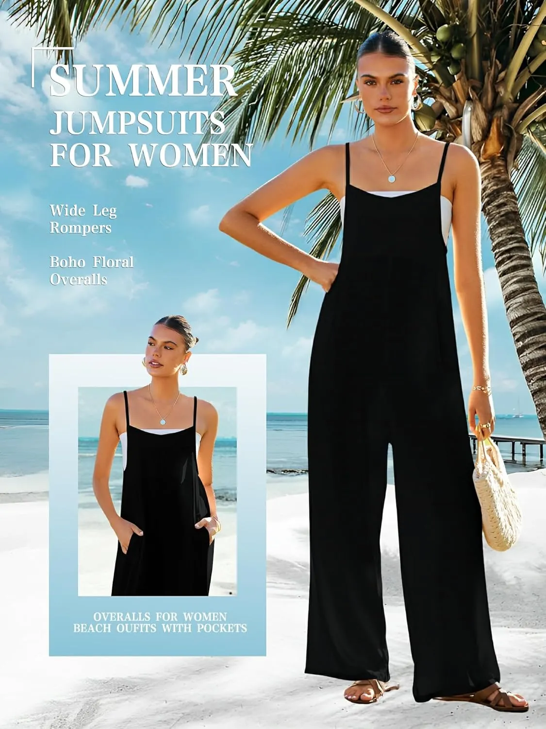 Women's Summer Jumpsuits Boho Wide Leg Overalls Casual Floral Print Rompers Beach Outfits with Pockets