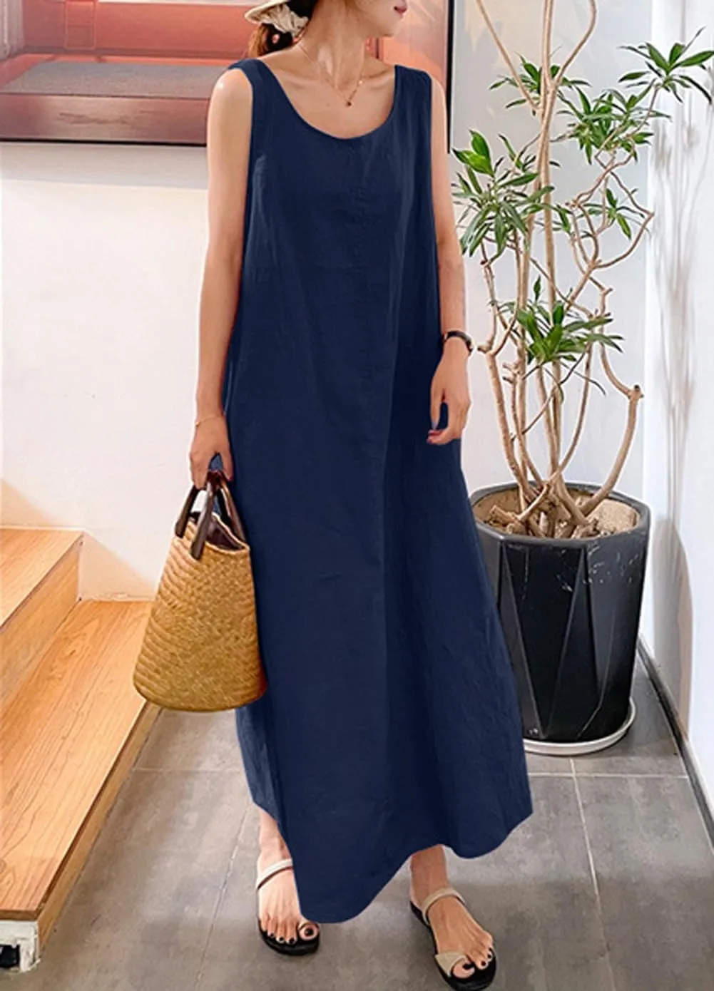 Women's Summer Sleeveless Cotton Tunic Tank Dress Casual Loose A-Line Maxi Long Beach Dress